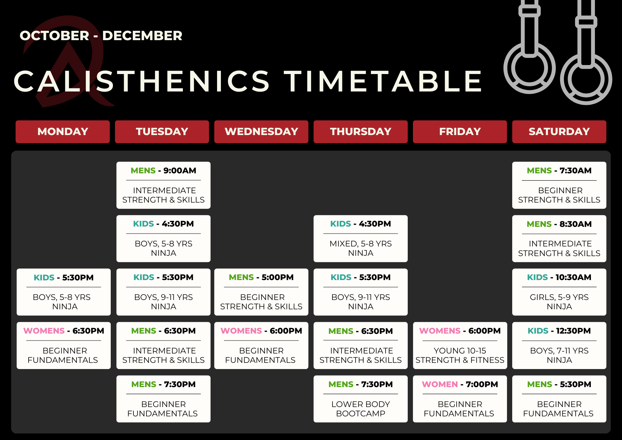 Calisthenics, Ninja & Fitness Class Timetable