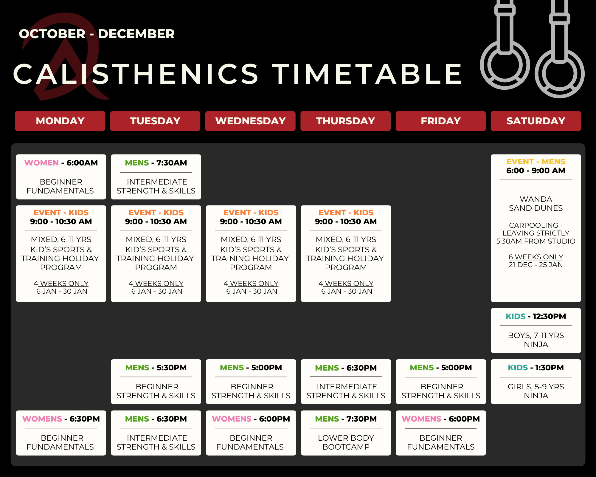 Calisthenics, Ninja & Fitness Classes - ARTOC Timetable